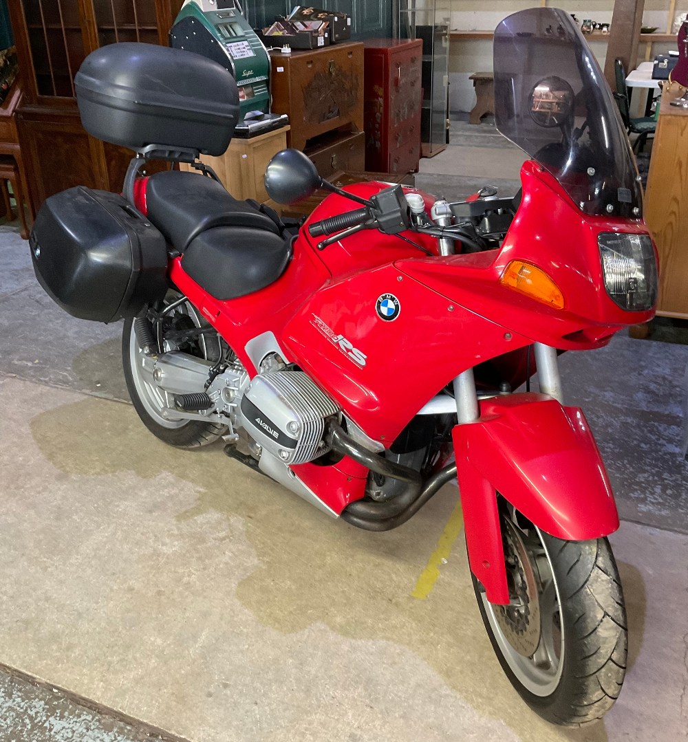 BMW R1100RS sport-touring motorcycle in red, 1995 model, 1100cc engine, mileage 38148, equipped wit