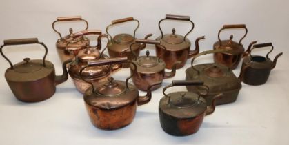 Victorian oval copper kettle, H29cm; four similar and six Victorian copper kettles all with acorn