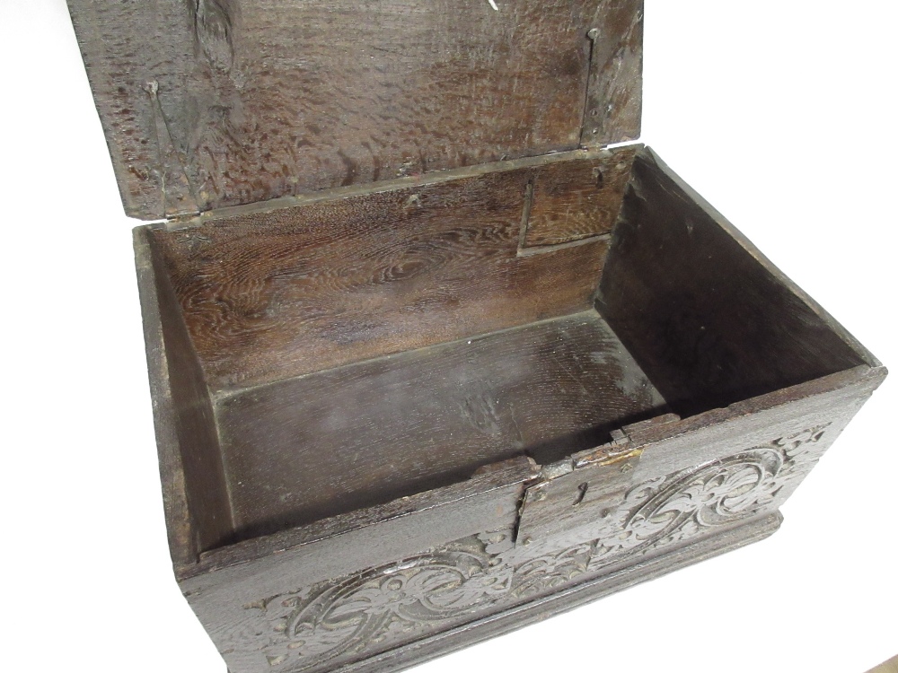 18th century and later oak Bible box with hinged lid and carved front, W58cm D39cm H28cm (Victor - Bild 4 aus 6