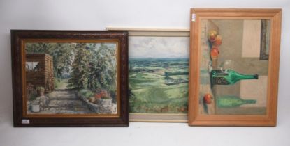 Three oil on board pictures, incl. a view of the Vale of York, a still life, and a view of a cottage