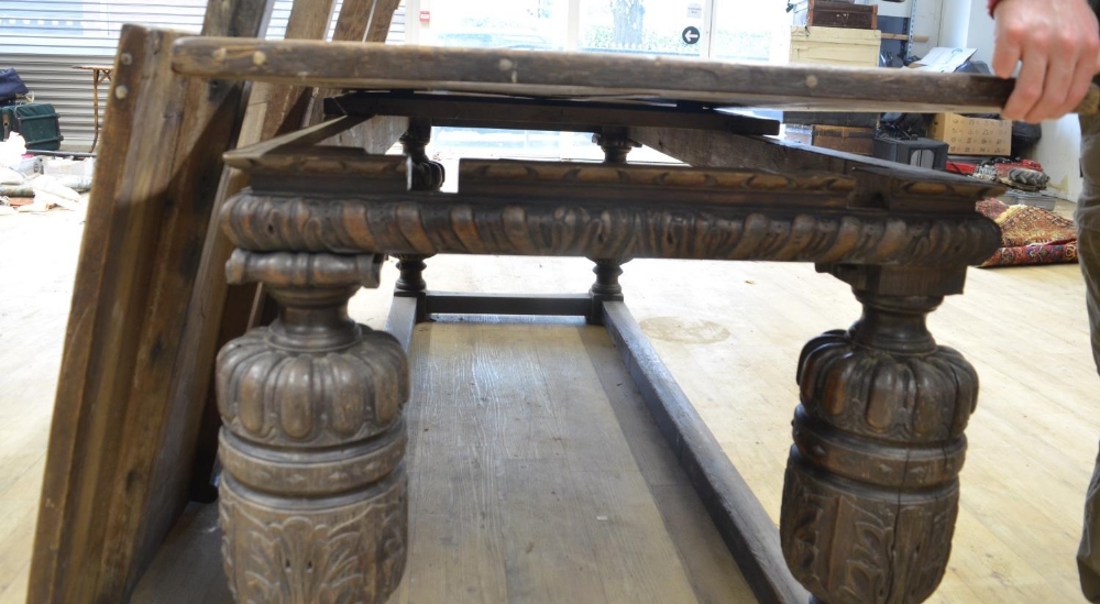 Elizabethan style oak rectangular refectory draw leaf dining table, with lobed frieze on cup and - Image 5 of 5