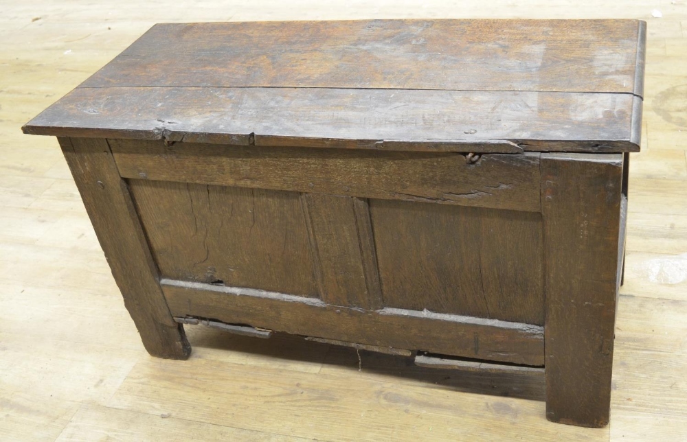 18th century oak coffer with spilt pin hinged top, three panel front with strapwork carved frieze - Image 3 of 6