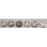 Set of six Art Noveau silver buttons with classical female design, by Reynolds & Westwood,