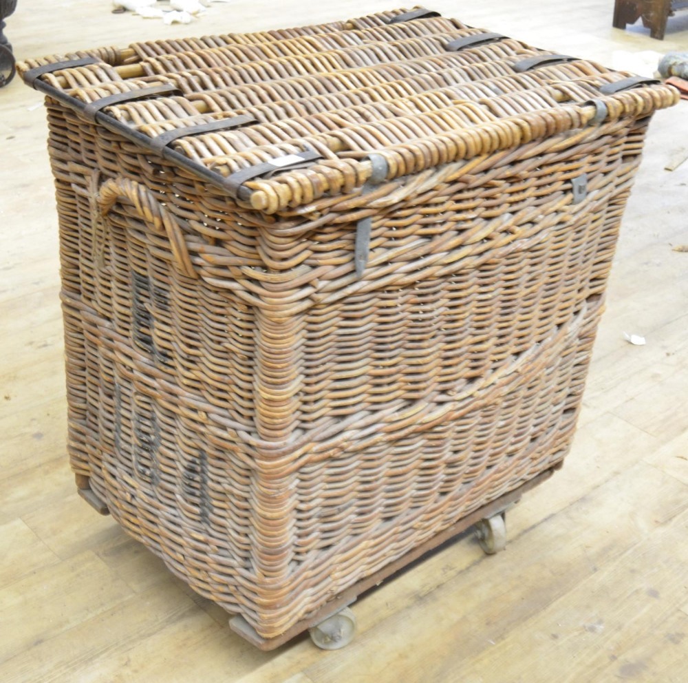 Large wicker Mill or Factory skip, with hinged lid on four wheels, painted B & L Ltd. W80cm D56cm - Image 3 of 4