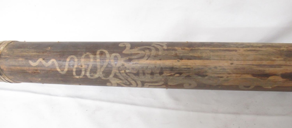 Carved didgeridoo with images of Kangaroo, Snakes, etc. carved wood 4-string instrument lacking 2 - Image 8 of 14