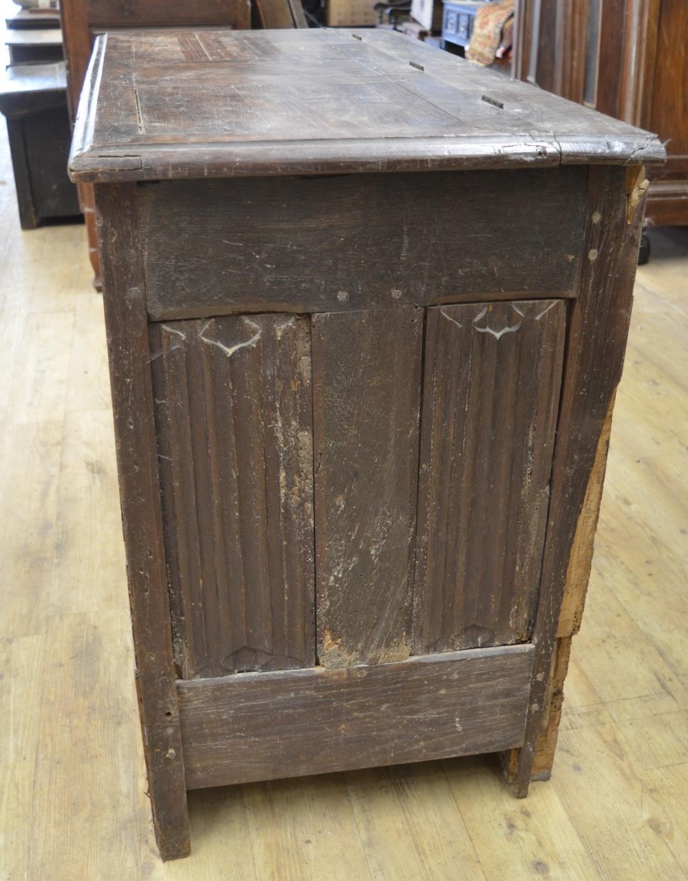 18th century French oak side cabinet, hinged top above two doors carved with strapwork, W129cm D63cm - Image 2 of 6