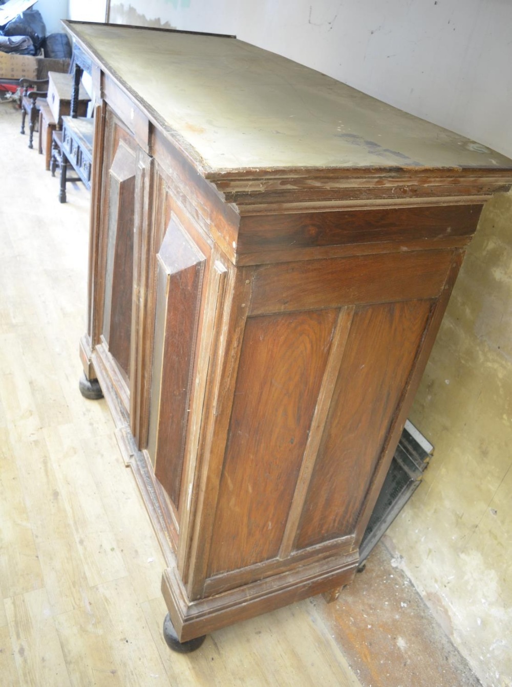 19th century Dutch oak walnut and rosewood cupboard, moulded cornice above two raised panel doors, - Image 5 of 6