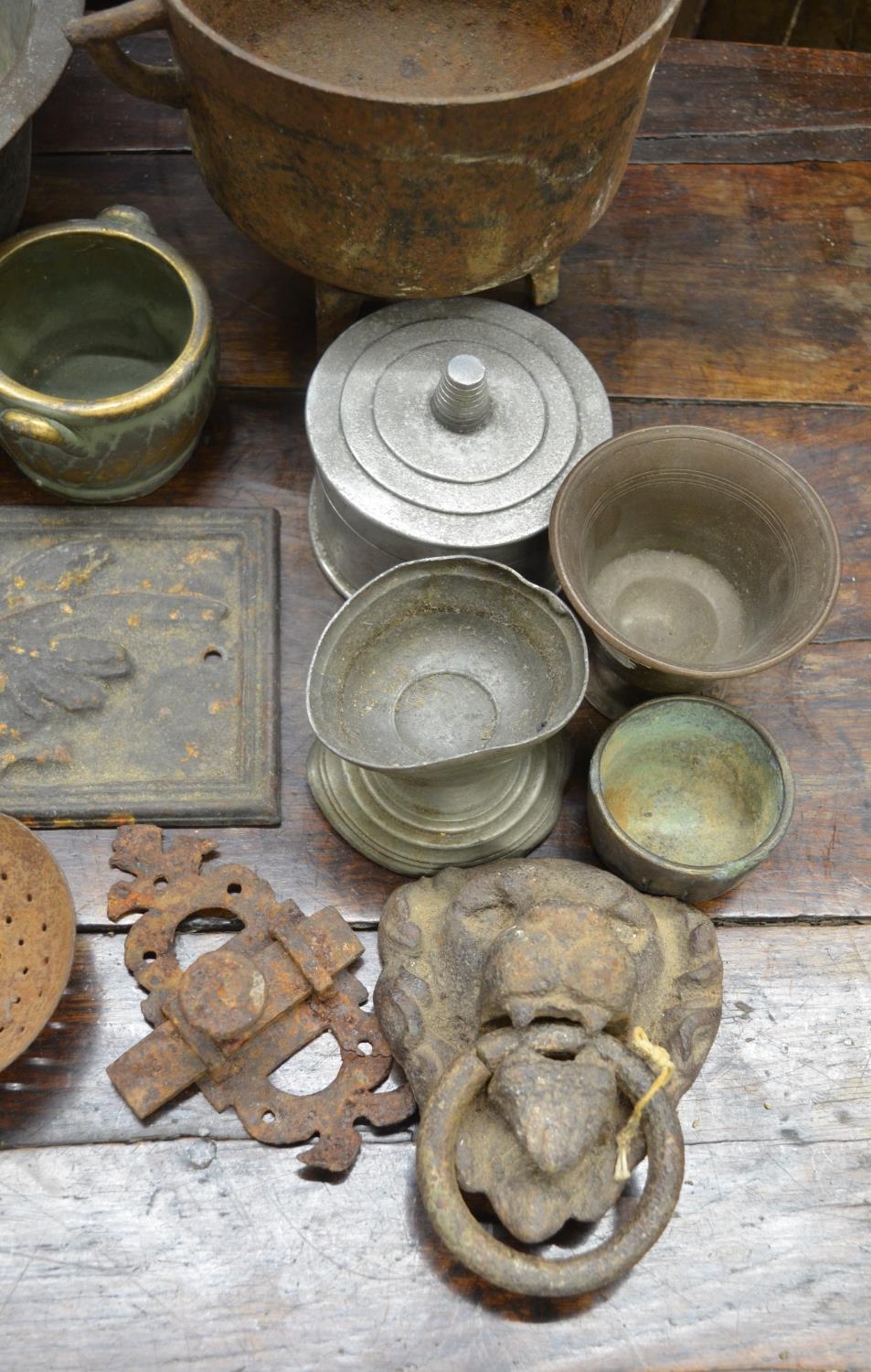 Collection of antique metalware to include pewter plates, corroded copper bowls etc. (Victor Brox - Image 2 of 5