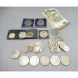 Five Elizabethan five pound coins 1998-2000, other commemorative coins and seven one pound notes