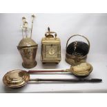 Various fireside brassware, incl. three coal caddies, fire tools, pair of fire dogs, and two