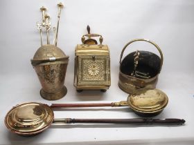 Various fireside brassware, incl. three coal caddies, fire tools, pair of fire dogs, and two