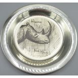 Bernard Buffet sterling silver Rhino plate, stamped 925, boxed with certificate, D20cm, 6.5ozt