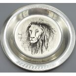 Bernard Buffet sterling silver Lion plate, stamped 925, C.1976, boxed with certificate, D20cm, 6.