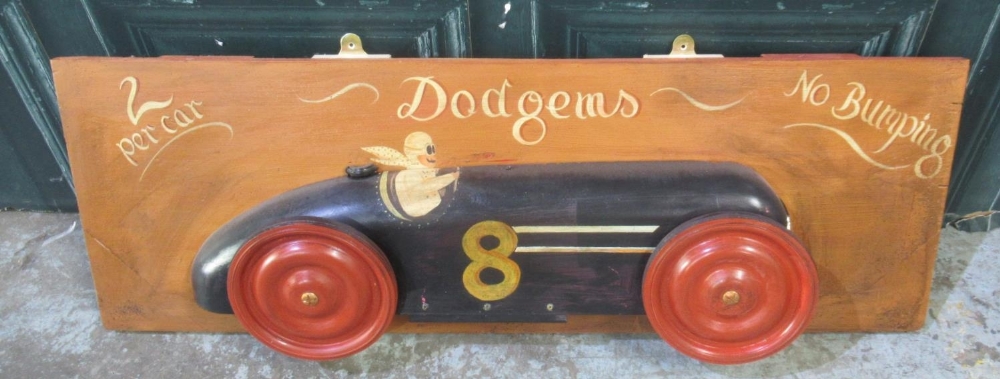 '2 per car Dodgems No Bumping' diorama on plank frame, 107cm x 36.5cm