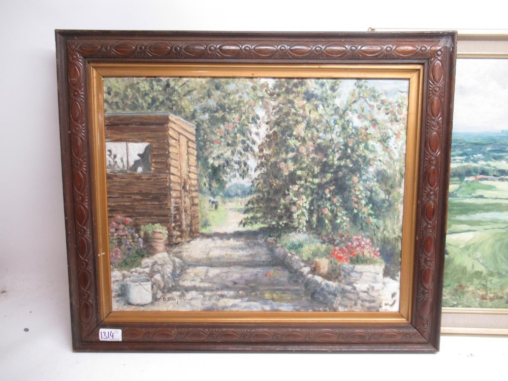 Three oil on board pictures, incl. a view of the Vale of York, a still life, and a view of a cottage - Image 2 of 4