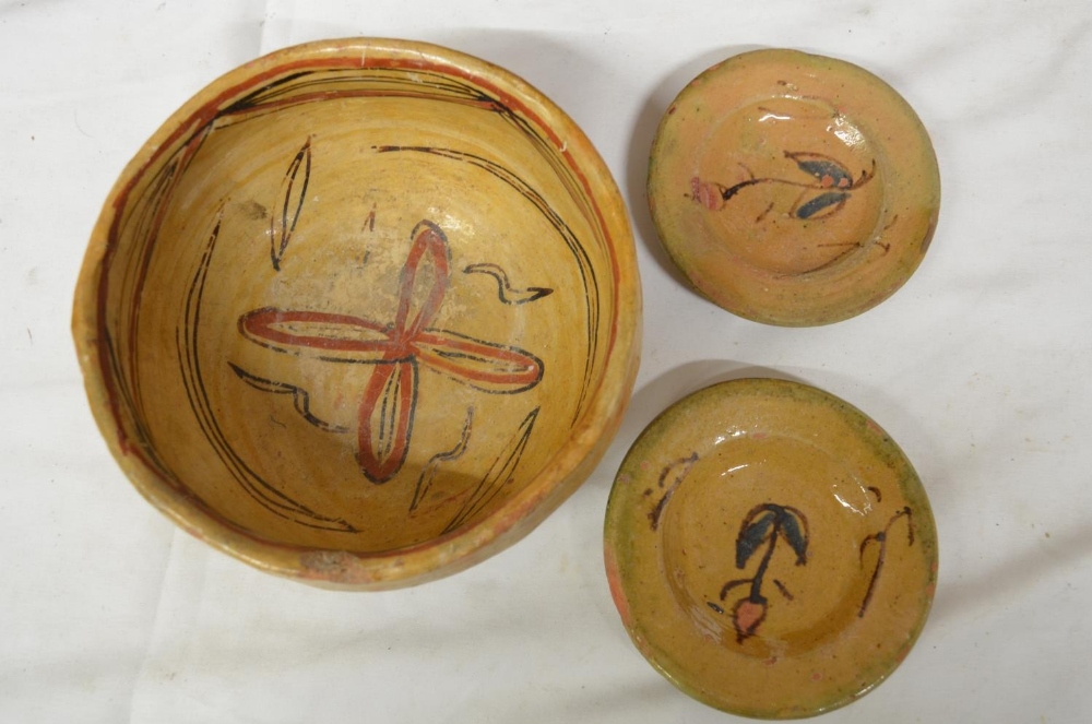 Collection of clay pots including a slipware jug and olive jar, various styles and ages, some with - Image 2 of 3