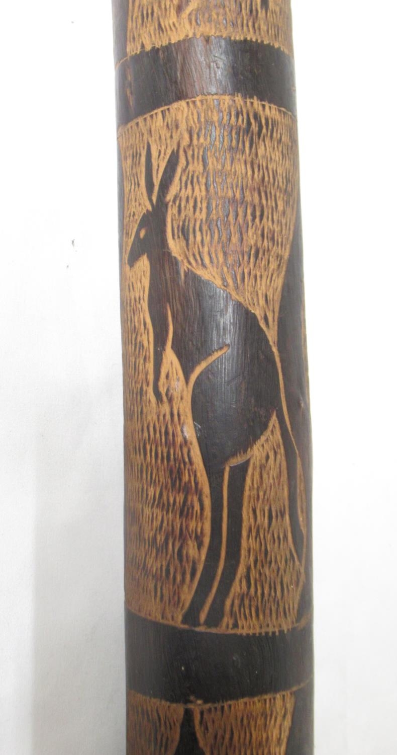 Carved didgeridoo with images of Kangaroo, Snakes, etc. carved wood 4-string instrument lacking 2 - Image 12 of 14