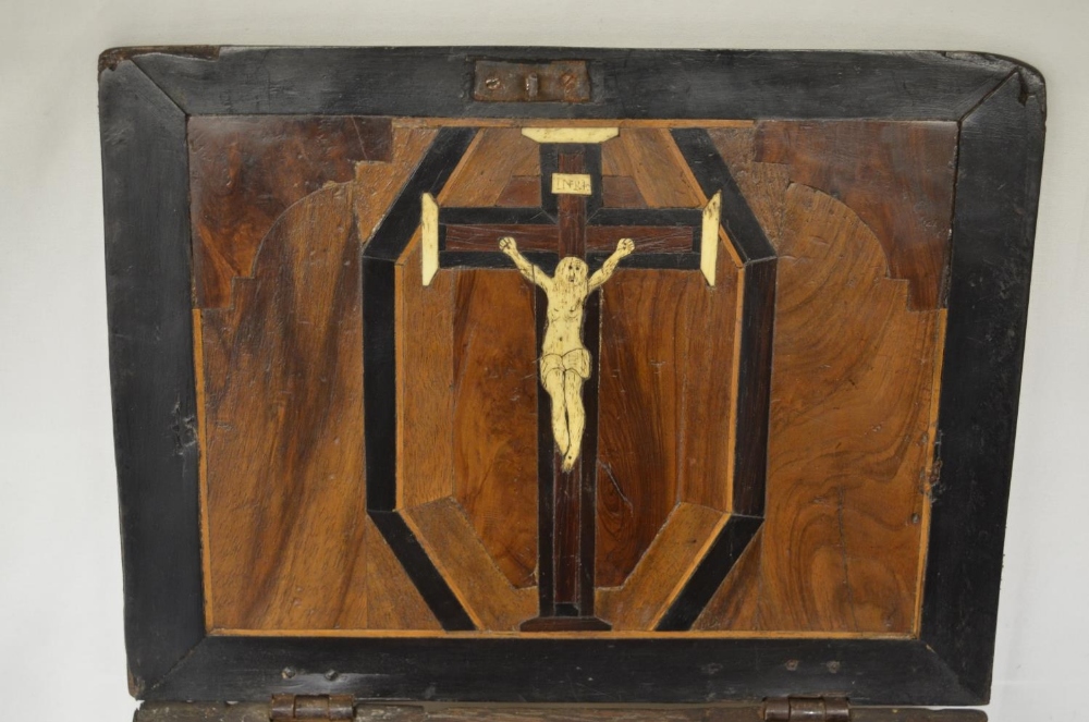 Circa 17th century oak sacrament box with external panelling and ornate internal Christ on the cross - Image 3 of 4