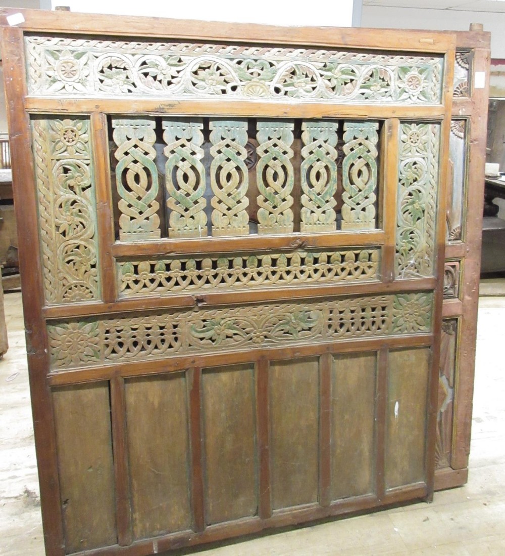 Three Javanese hardwood polychrome painted and pierced panels, WS143cm H168cm max (3) Provenance; - Image 3 of 5