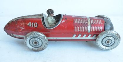 WITHDRAWN Vintage Chad Valley clockwork pressed steel lithographed racing car 410 in fair conditio