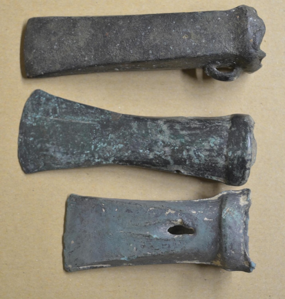 Three bronze socket axe heads, largest L12.5cm (Victor Brox collection) - Image 3 of 3