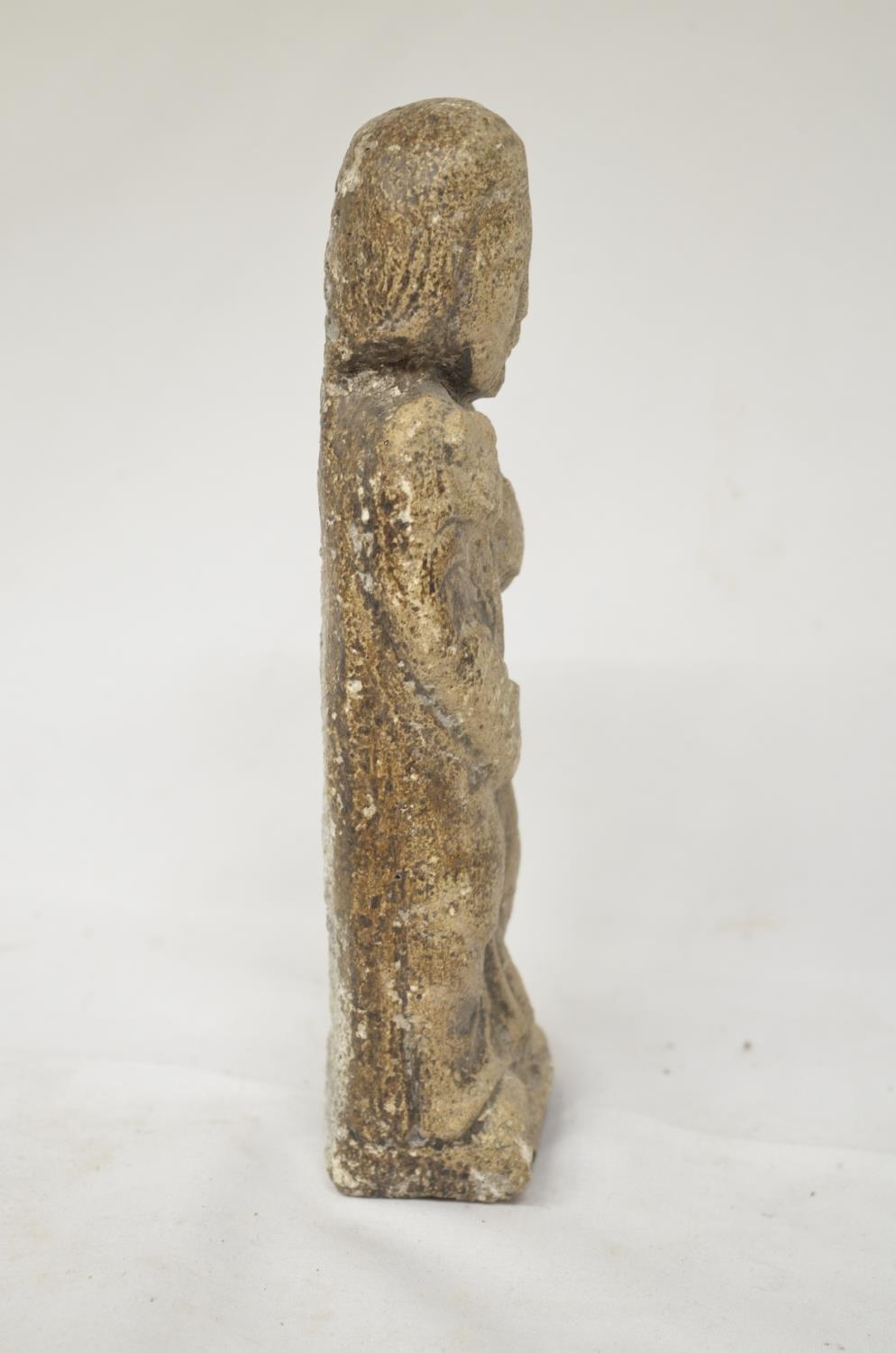 Stone carved Romanesque saintly figure, circa 11th-12th century. H19cm (Victor Brox collection) - Image 4 of 5