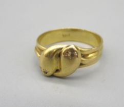 Victorian 18ct yellow gold double snake ring, the heads set with diamond eyes, stamped 18ct, size