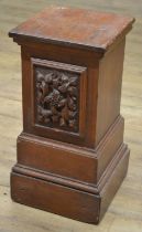 C20th oak square pedestal, front carved with fruit, W33cm D323cm H61cm (Victor Brox collection)