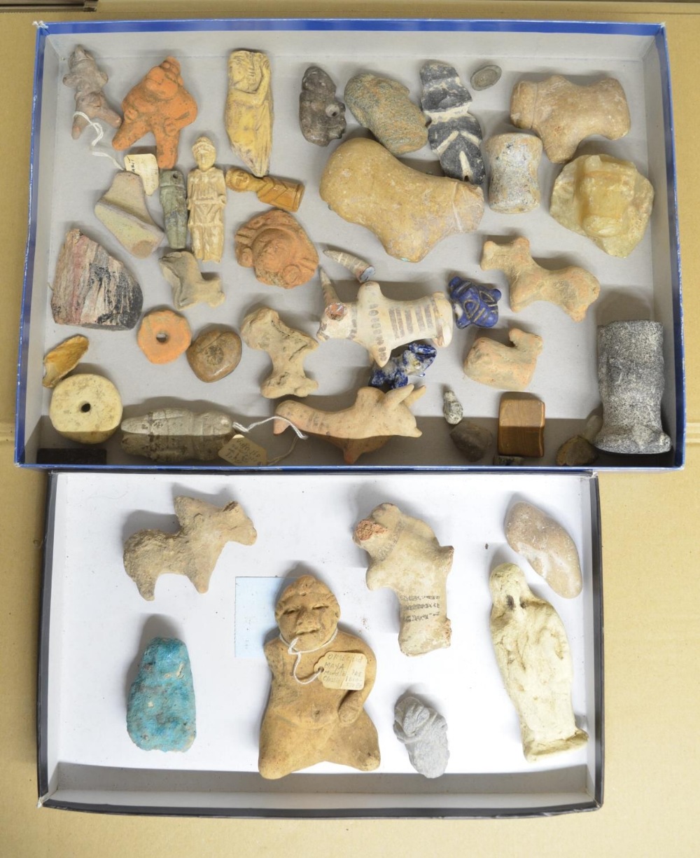 Collection of historical stone and clay figures and other items including a Pre BC Mayan figure,