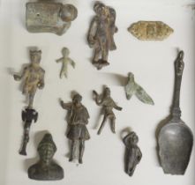 Collection of historical cast metal figures including a Celtic bronze figure holding a Dolphin (with