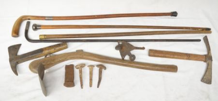 Collection of vintage tools and walking sticks to include a hoe, fireman's axe etc. (Victor Brox