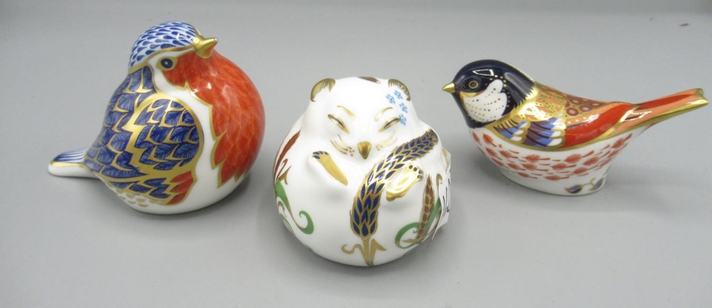 Royal Crown Derby paperweights, comprising sleeping harvest mouse, coal tit, and robin, all with