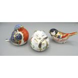 Royal Crown Derby paperweights, comprising sleeping harvest mouse, coal tit, and robin, all with