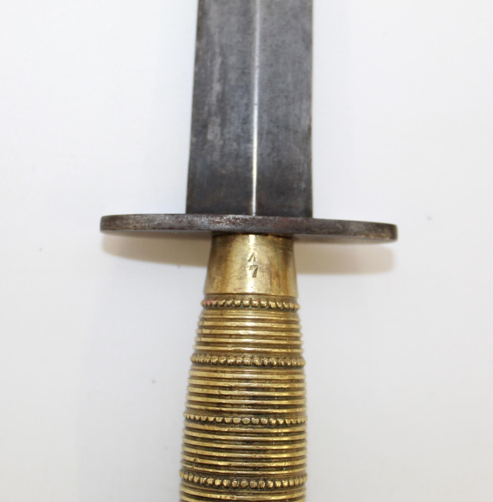 Fairbairn-Sykes commando knife with ribbed and beaded brass grip, complete with sheath, No. 7 and - Image 4 of 4