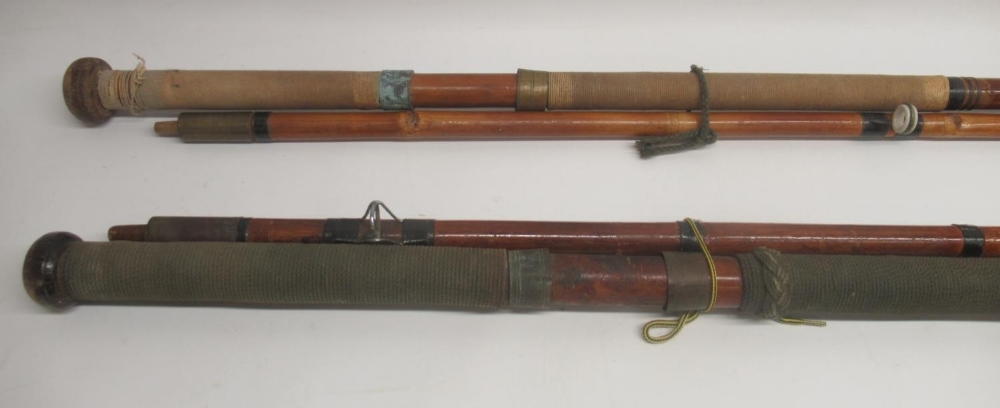 A pair of unmarked circa 1920s bamboo 'Tunny' tuna fishing rods, likely originating from - Image 2 of 2