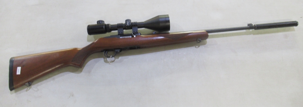 Ruger 10/22 Semi Auto .22 calibre carbine, with fitted moderator and telescopic sight. Serial number
