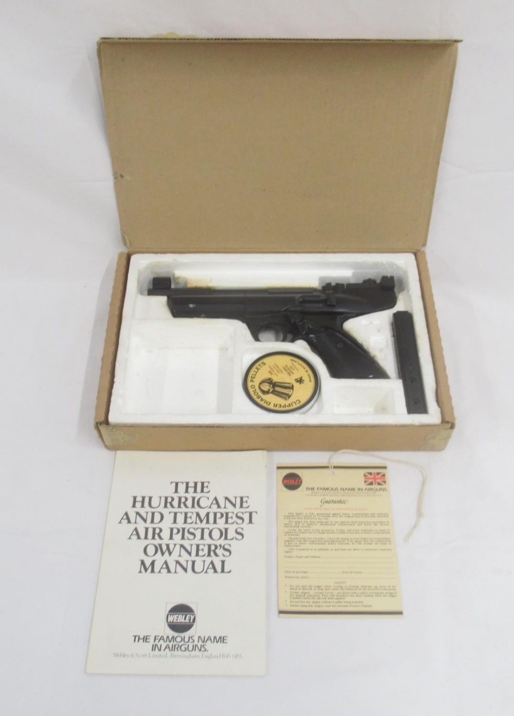 Webley & Scott - Webley Hurricane .177 over lever air pistol, in original box with opened tin of .