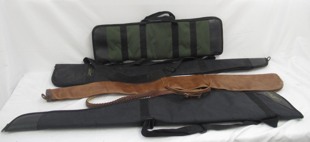 Collection of four gun slips. To include a full leather gun slip measuring 123cm, and three canvas