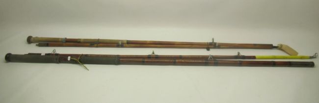 A pair of unmarked circa 1920s bamboo 'Tunny' tuna fishing rods, likely originating from