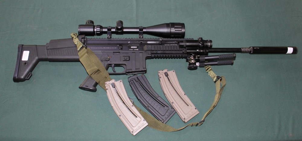 .22RF ISSC self loading rifle with three magazines, detachable sound moderator, Vlife 6-24x50 scope,