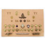 Card containing collection of brass buttons, cap badge shoulder titles for the Royal Artillery. Home