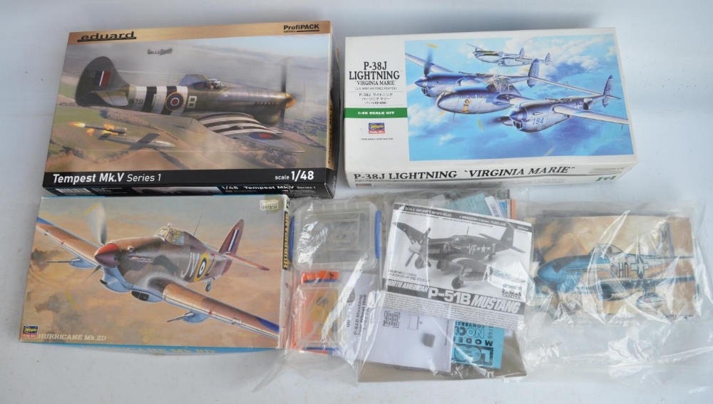 Five unbuilt 1/48 scale plastic model kits, most with extra detailing sets to include Eduard Tempest