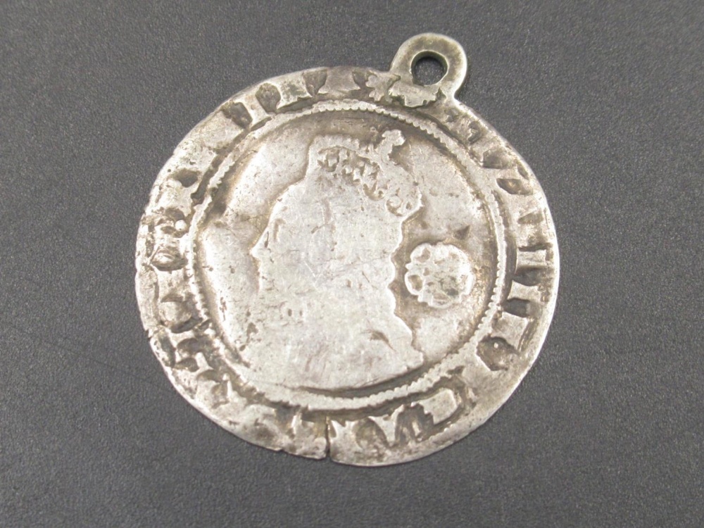 Elizabeth I coin, silver hammered sixpence 1575, with loop attached - Image 2 of 2