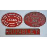 Three relief cast metal Hunslet loco plates to include No9372 (rebuilt 2009), brass Hunslet Engine