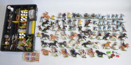 Collection of Britain's Deetail toy soldier figure, including horses with riders and a box of