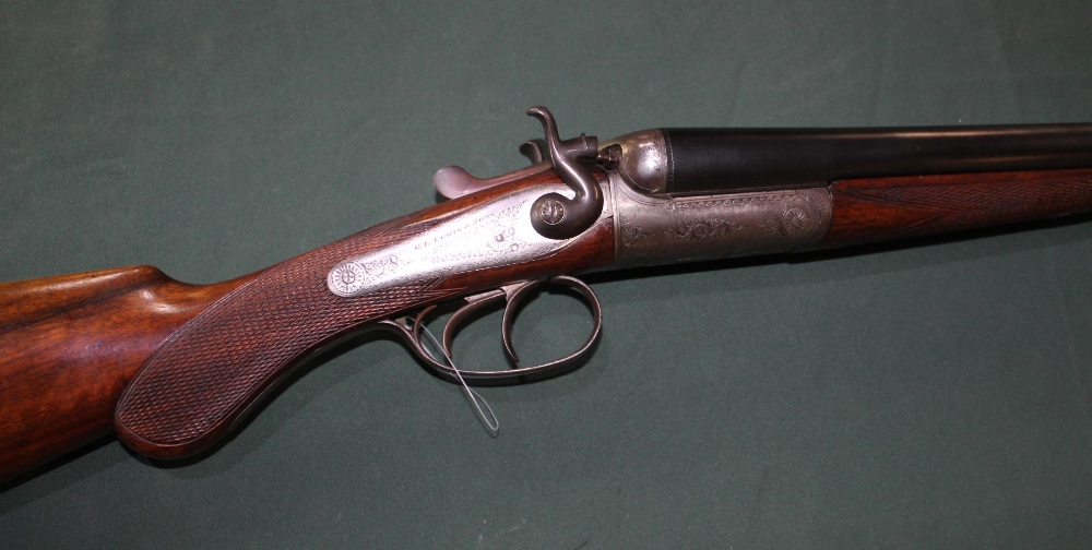 .410 Belgian single barrel hammer shotgun with 30" barrel, overall length 45", length of pull 13.5",