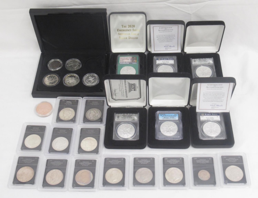 11 American silver dollars encapsulated, 8 Uncirculated Dollars encapsulated, Republic of Palau