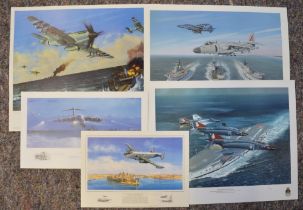 Five limited edition aviation prints, all signed in pencil by the artists, most with signatures of