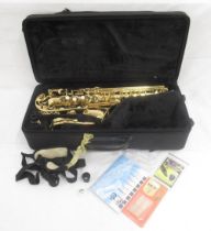 A Yamaha brass alto saxophone YAS-280 serial number L43232, Made in Indonesia, with accessories in