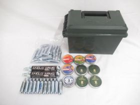 Plastic MTM Case-Card ammo box cont. 9 tins of pellets, 2 88g CO2 canisters and 29 12g CO2 canisters